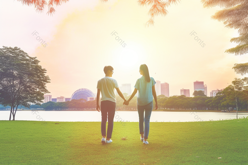 年轻有活力甜蜜的情侣手牵手游玩的背影摄影背景,高清,摄影图,摄影图片,图片大全,摄影图免费下载